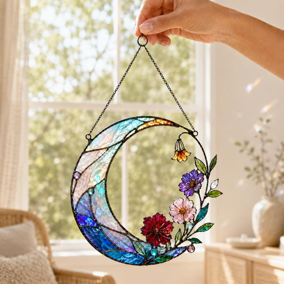 Acrylic Crescent Moon Suncatcher - Floral Stained Glass Window Hanging - image 6
