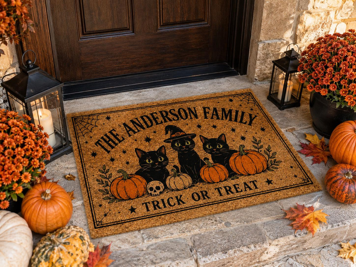 Black Cat Halloween Doormat - Personalized Family Name Welcome Mat - image 3
