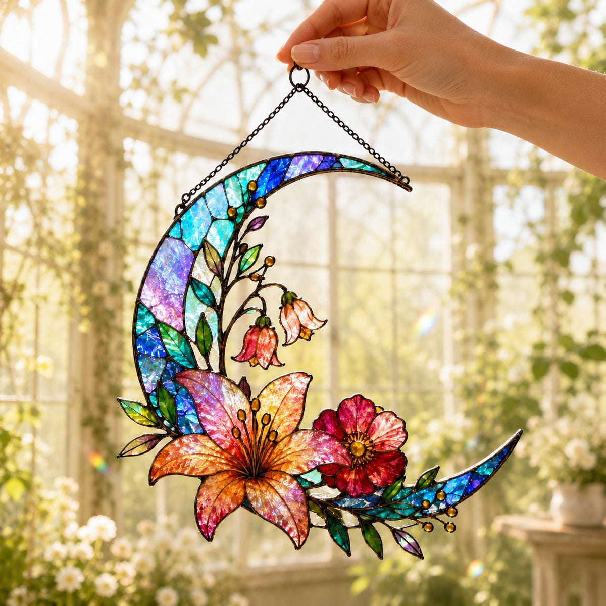 Acrylic Floral Moon Suncatcher - Crescent Moon Window Hanging - image 3