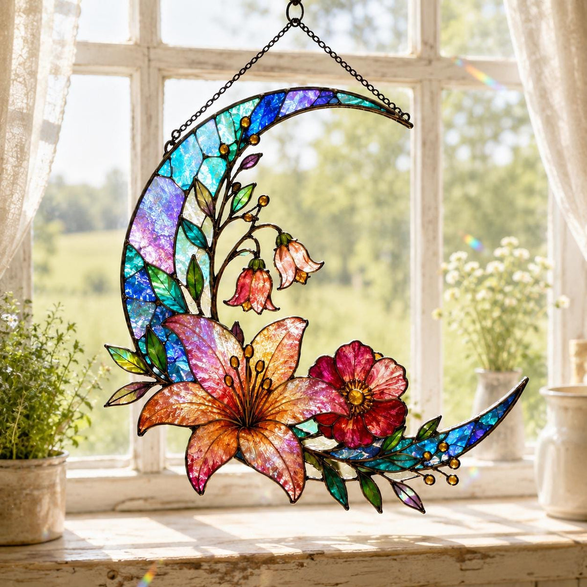 Acrylic Floral Moon Suncatcher - Crescent Moon Window Hanging - image 4