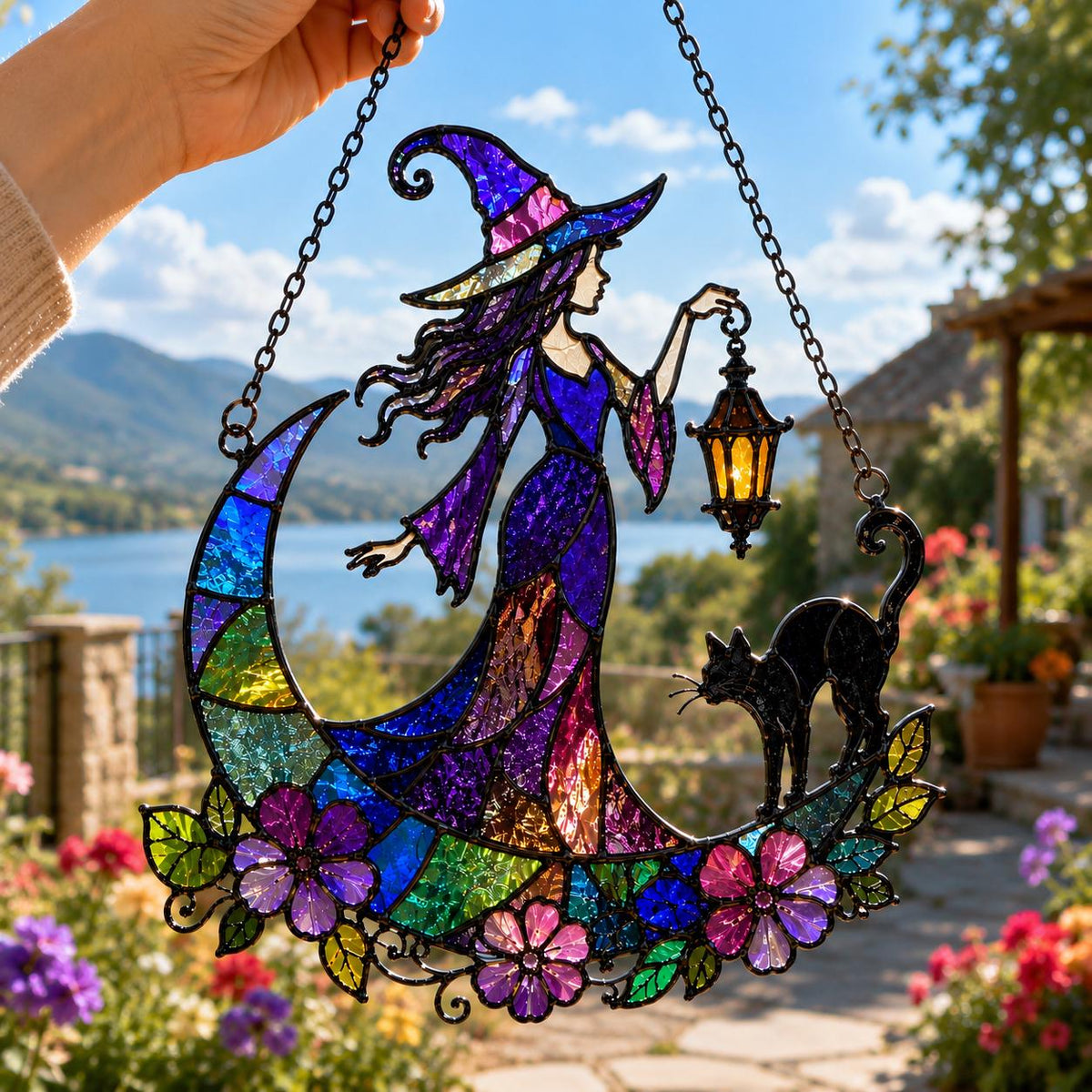 Witch & Black Cat Suncatcher - Crescent Moon Acrylic Window Hanging - image 4