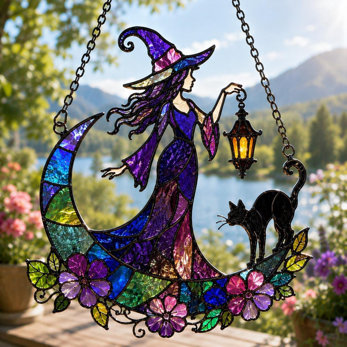 Witch & Black Cat Suncatcher - Crescent Moon Acrylic Window Hanging - image 3