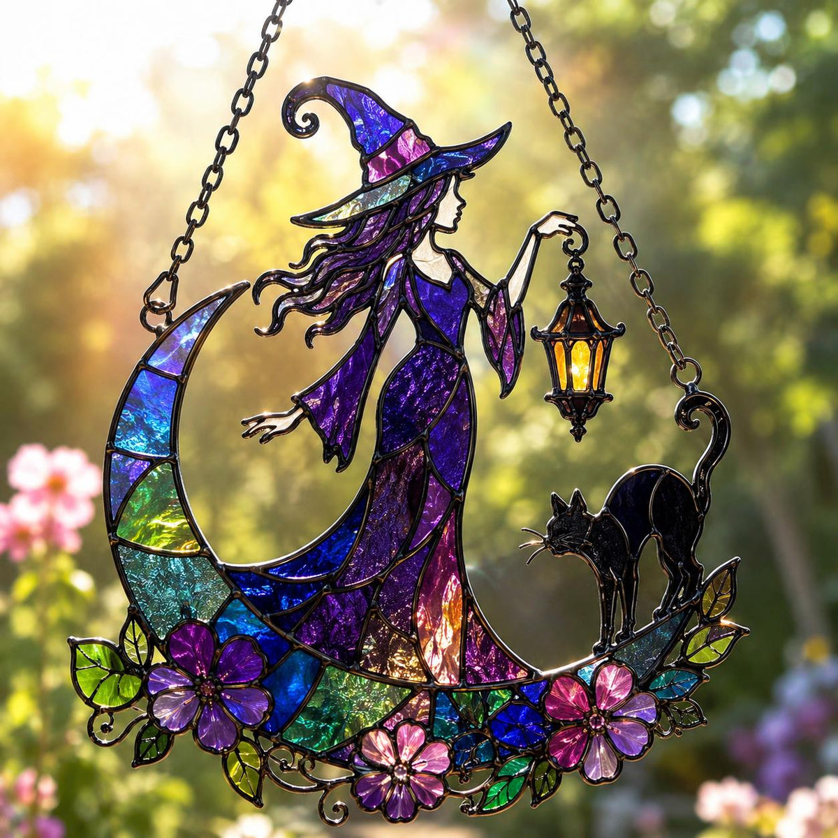 Witch & Black Cat Suncatcher - Crescent Moon Acrylic Window Hanging