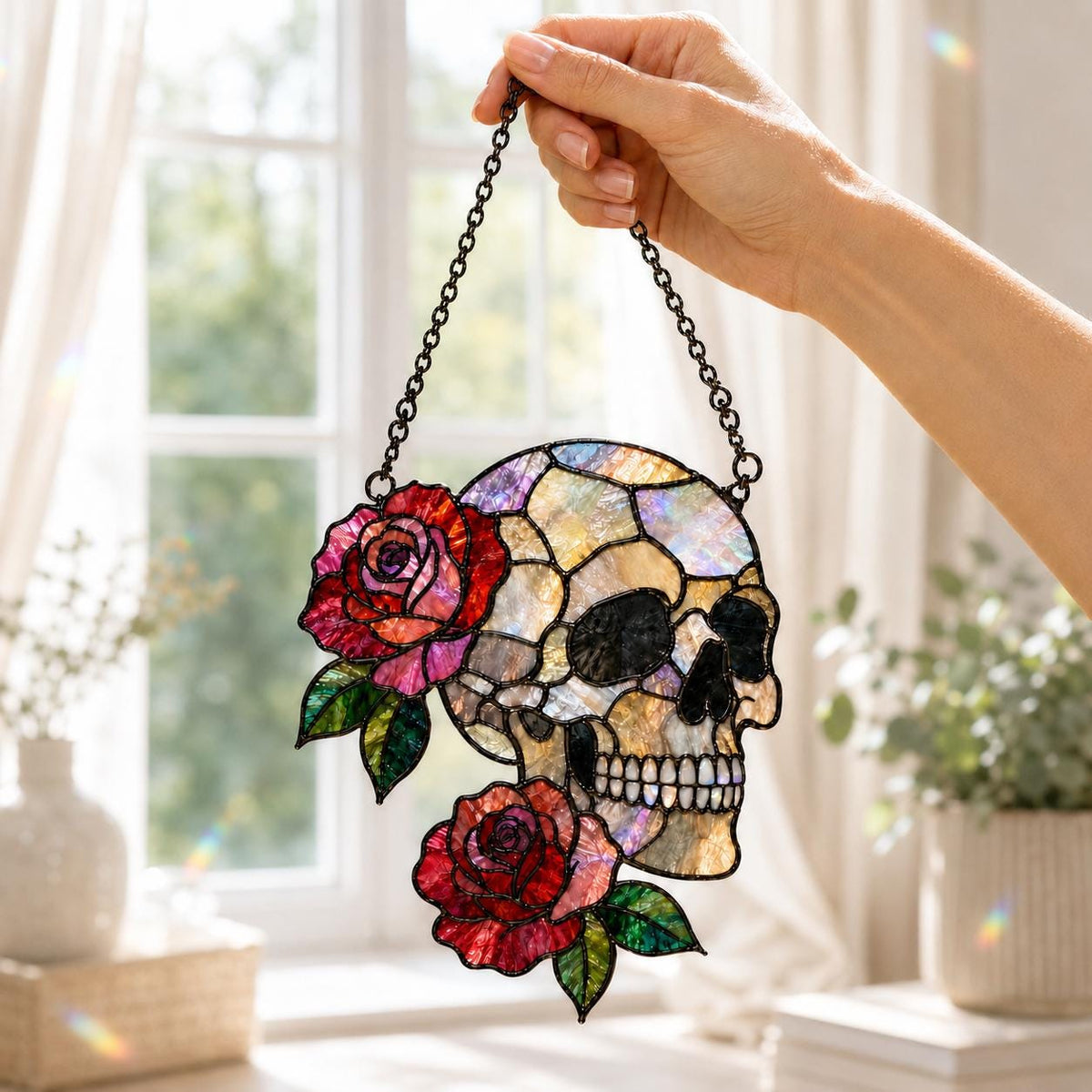 Rose Skull Suncatcher - Acrylic Skull Window Hanging - image 2