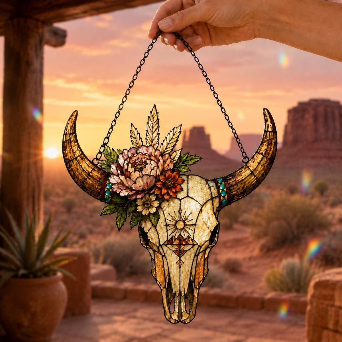 Longhorn Skull Suncatcher - Floral Acrylic Window Hanging - image 2