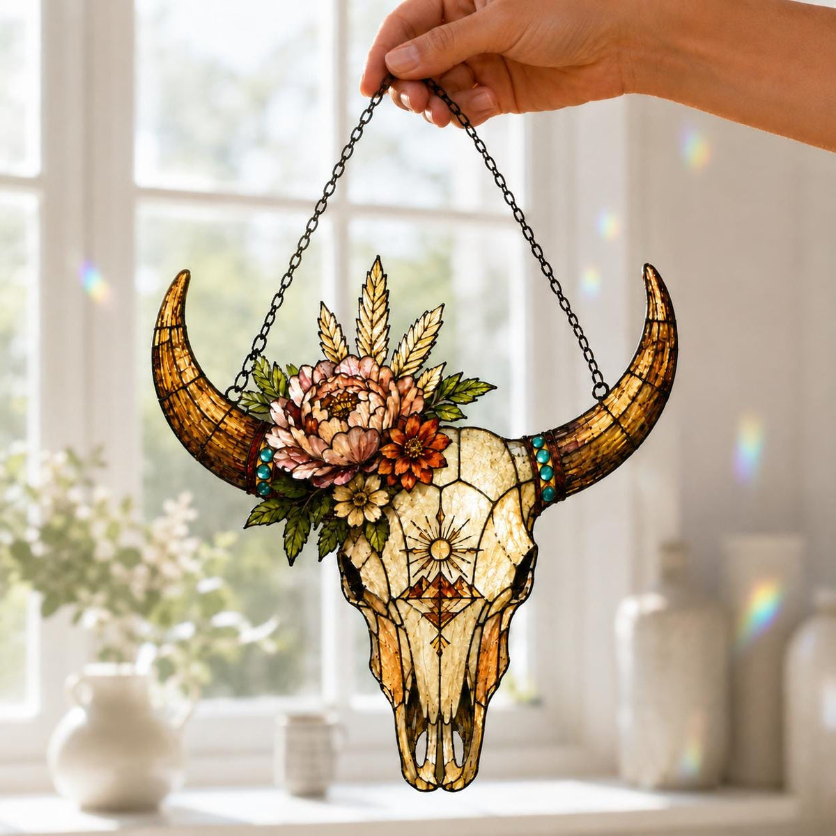Longhorn Skull Suncatcher - Floral Acrylic Window Hanging - image 4