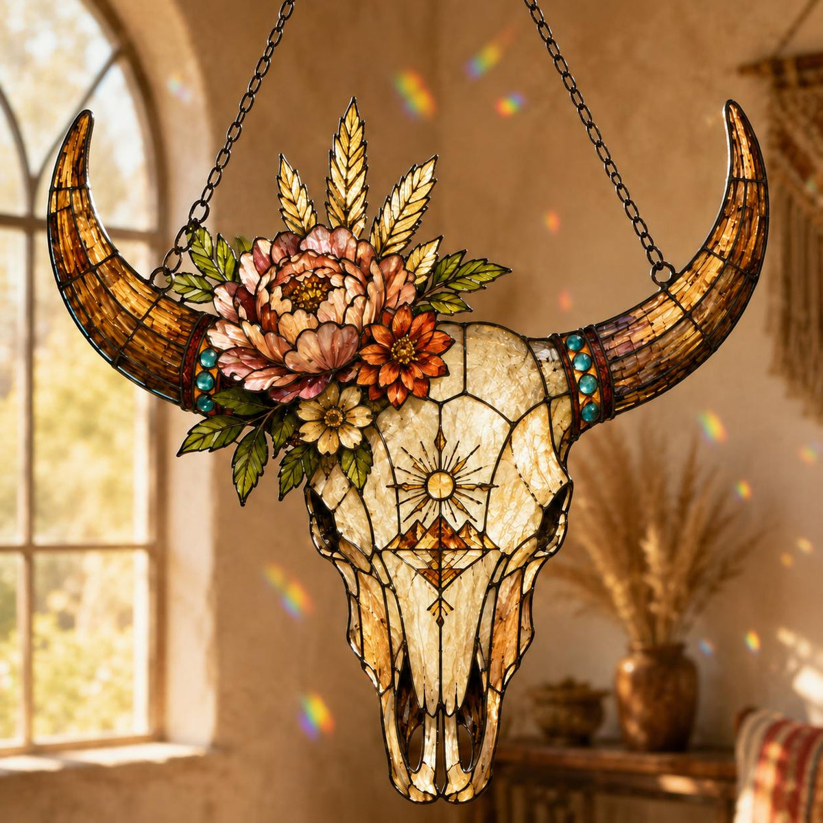 Longhorn Skull Suncatcher - Floral Acrylic Window Hanging - image 3