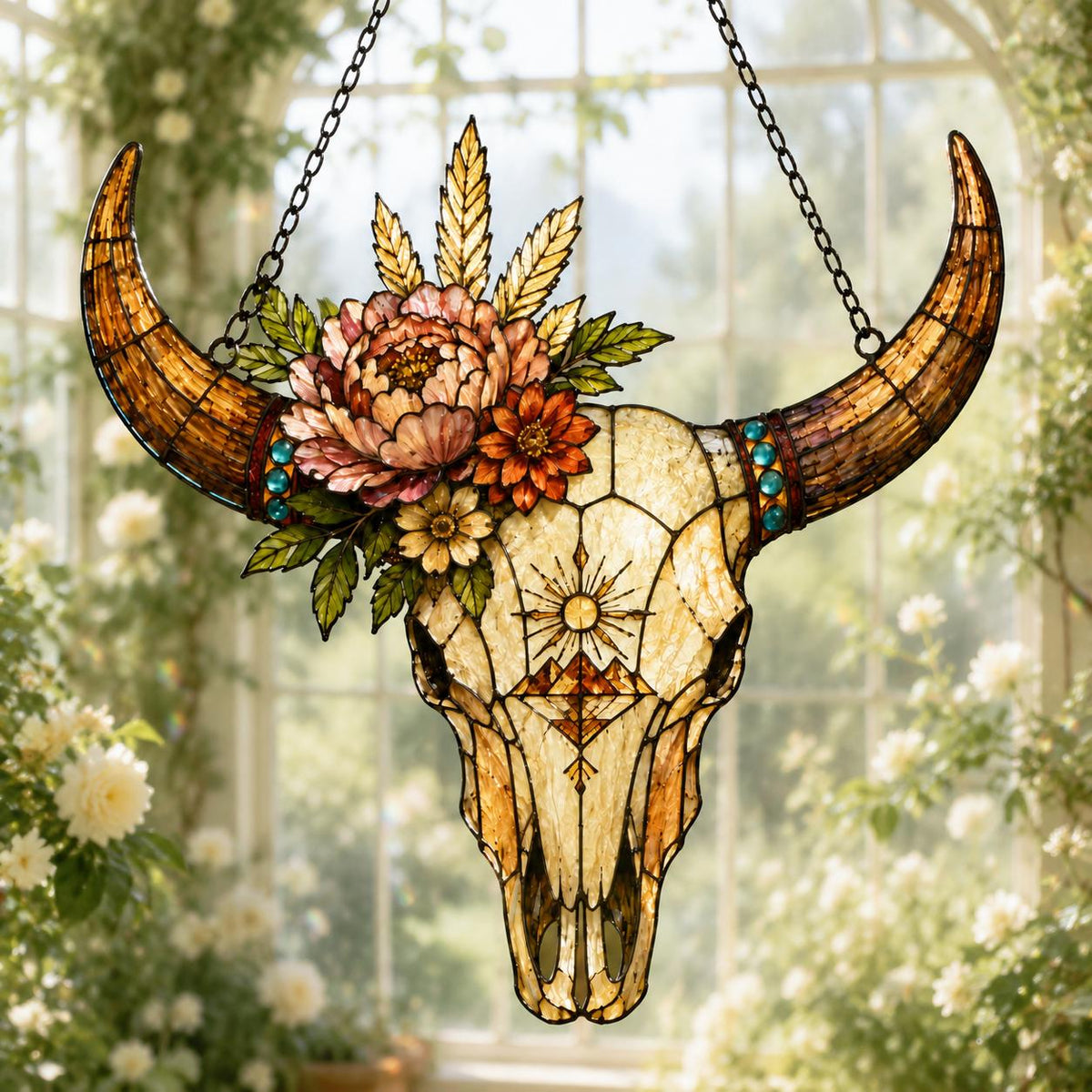 Longhorn Skull Suncatcher - Floral Acrylic Window Hanging - image 5