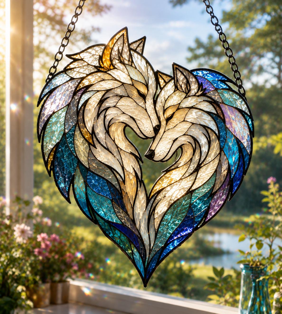 Wolf Couple Suncatcher - Acrylic Heart Window Hanging - image 5
