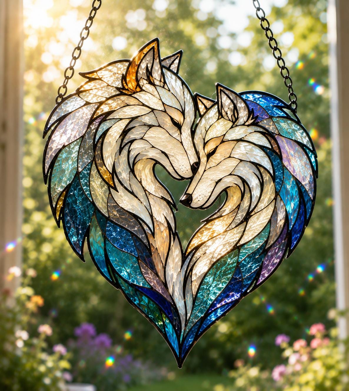 Wolf Couple Suncatcher - Acrylic Heart Window Hanging