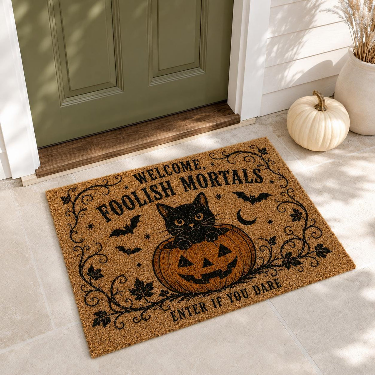 Foolish Mortals Doormat - Halloween Black Cat Door Mat - image 2