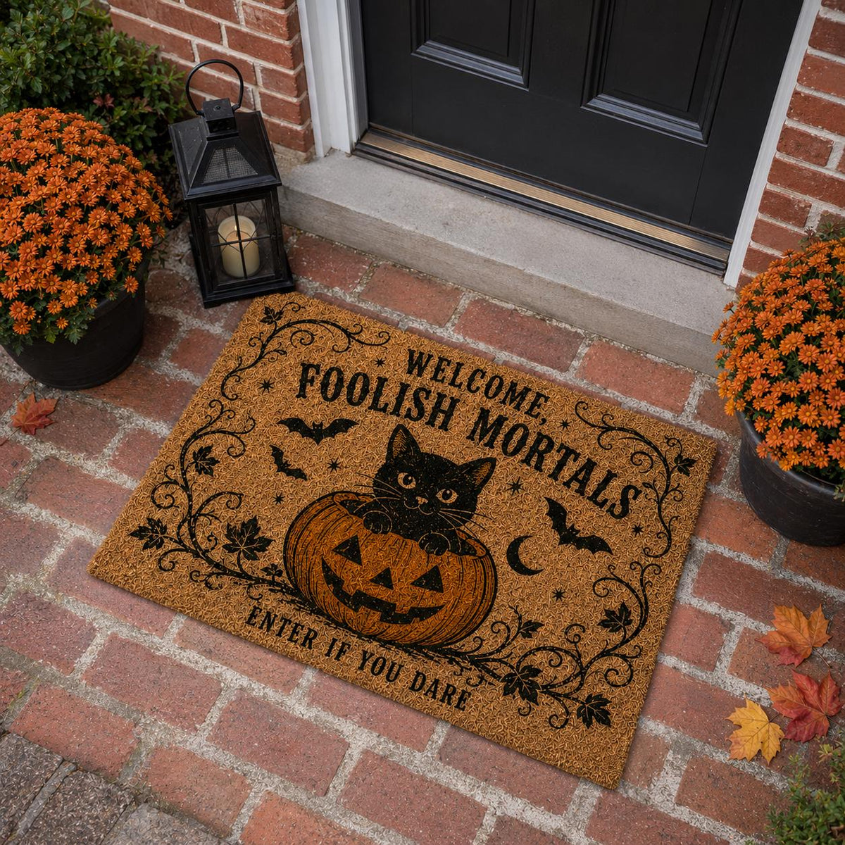 Foolish Mortals Doormat - Halloween Black Cat Door Mat - image 3