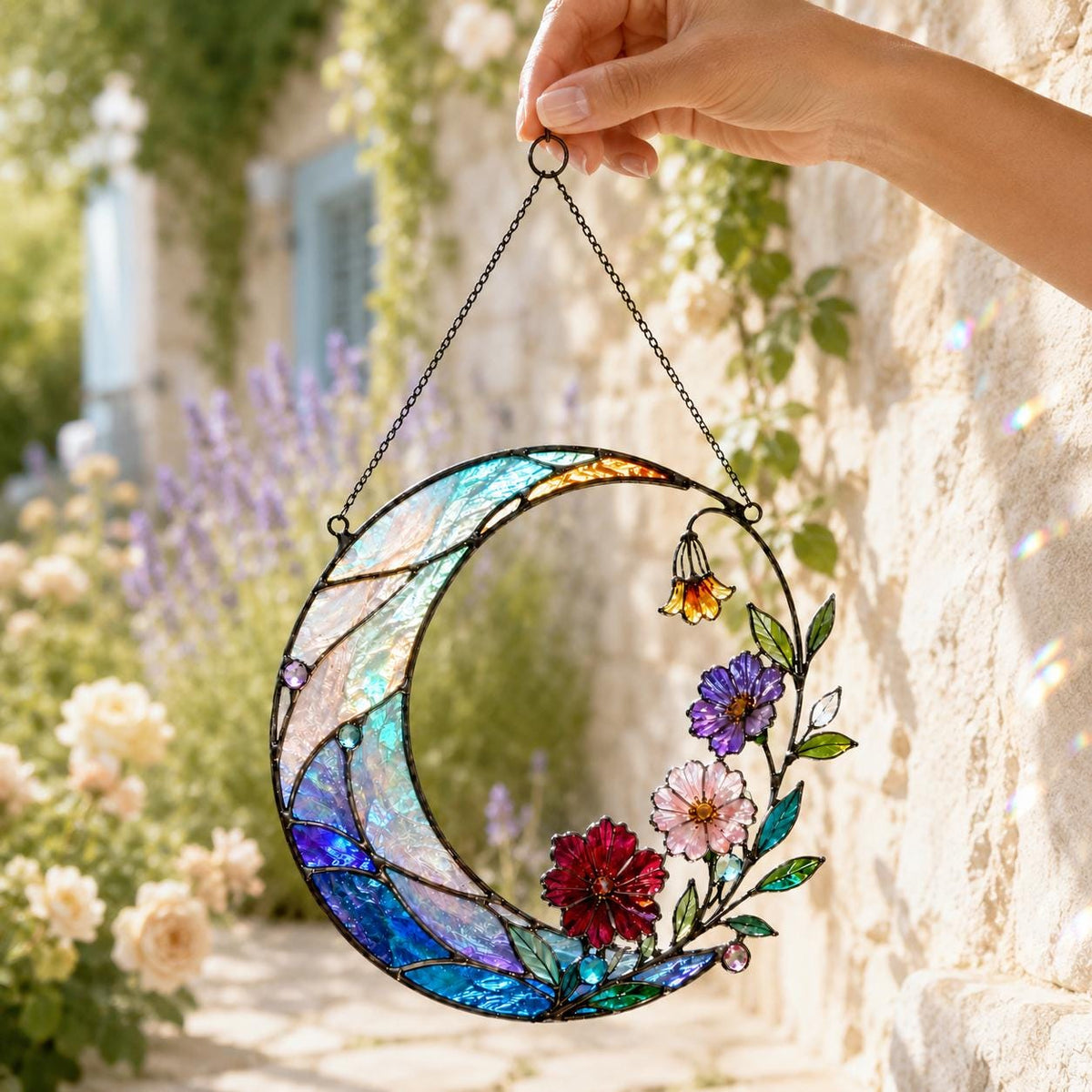 Acrylic Crescent Moon Suncatcher - Floral Stained Glass Window Hanging - image 4