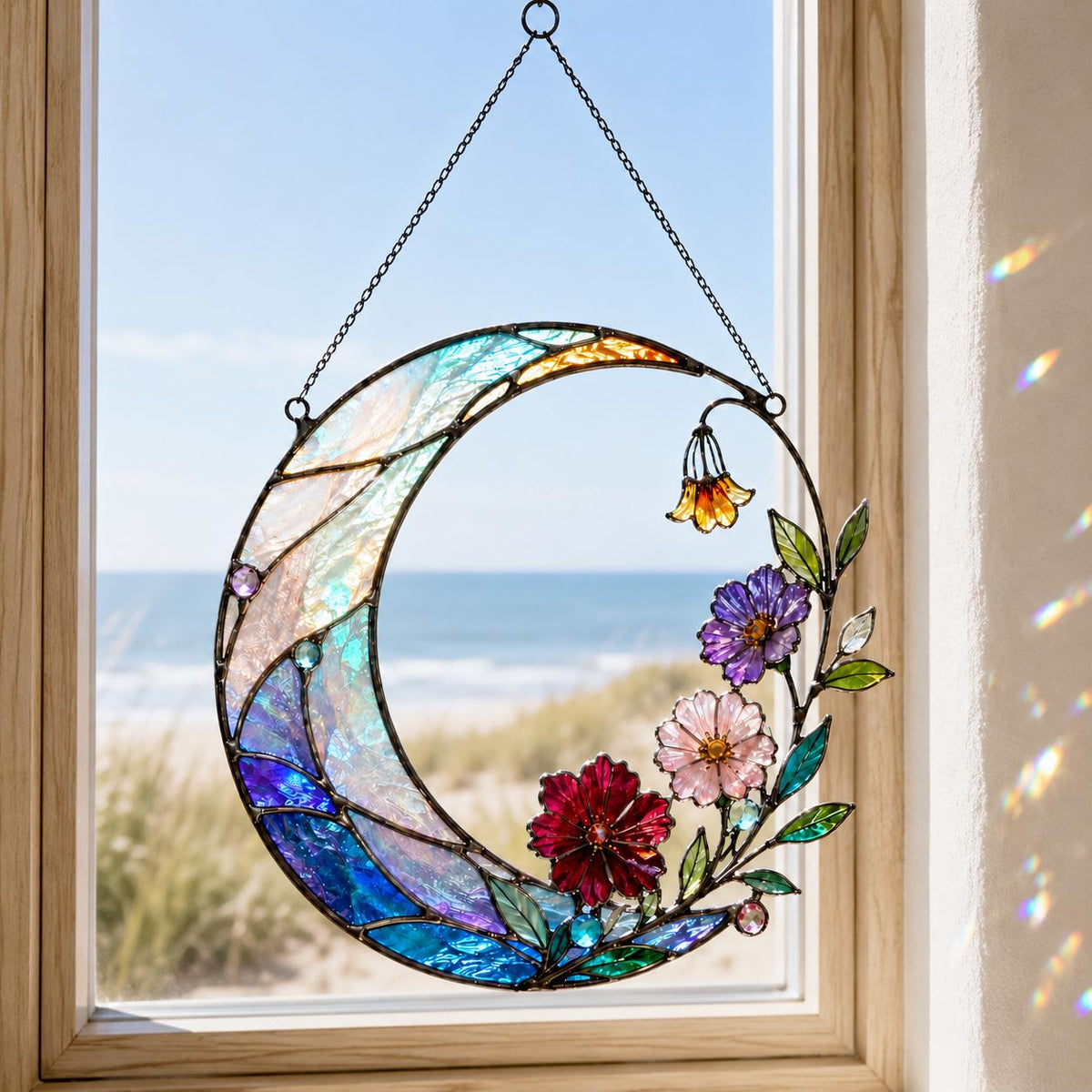 Acrylic Crescent Moon Suncatcher - Floral Stained Glass Window Hanging - image 3