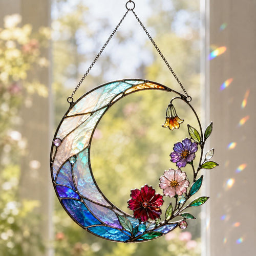 Acrylic Crescent Moon Suncatcher - Floral Stained Glass Window Hanging