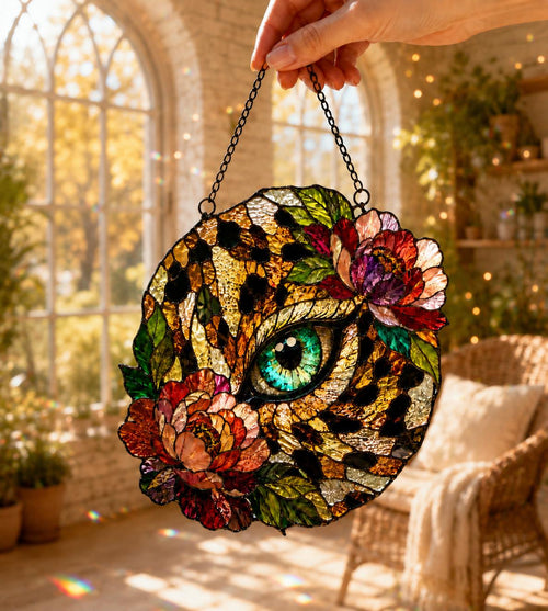 Acrylic Leopard Eye Suncatcher - Floral Stained Glass Window Hanging