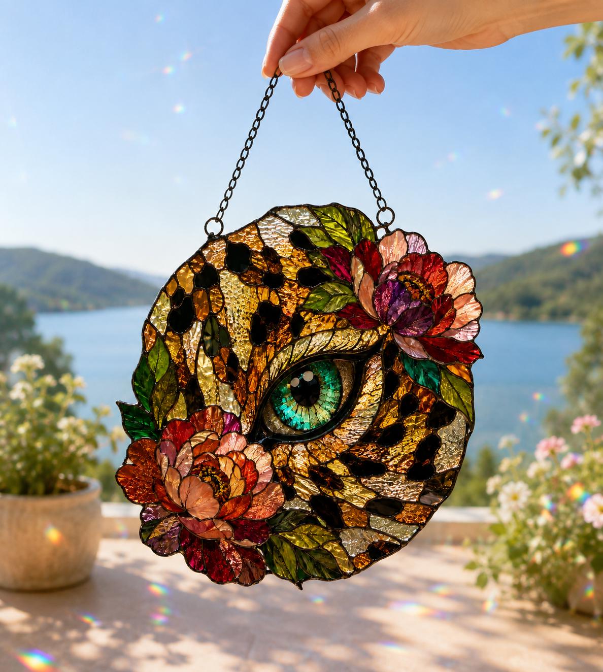 Acrylic Leopard Eye Suncatcher - Floral Stained Glass Window Hanging - image 3