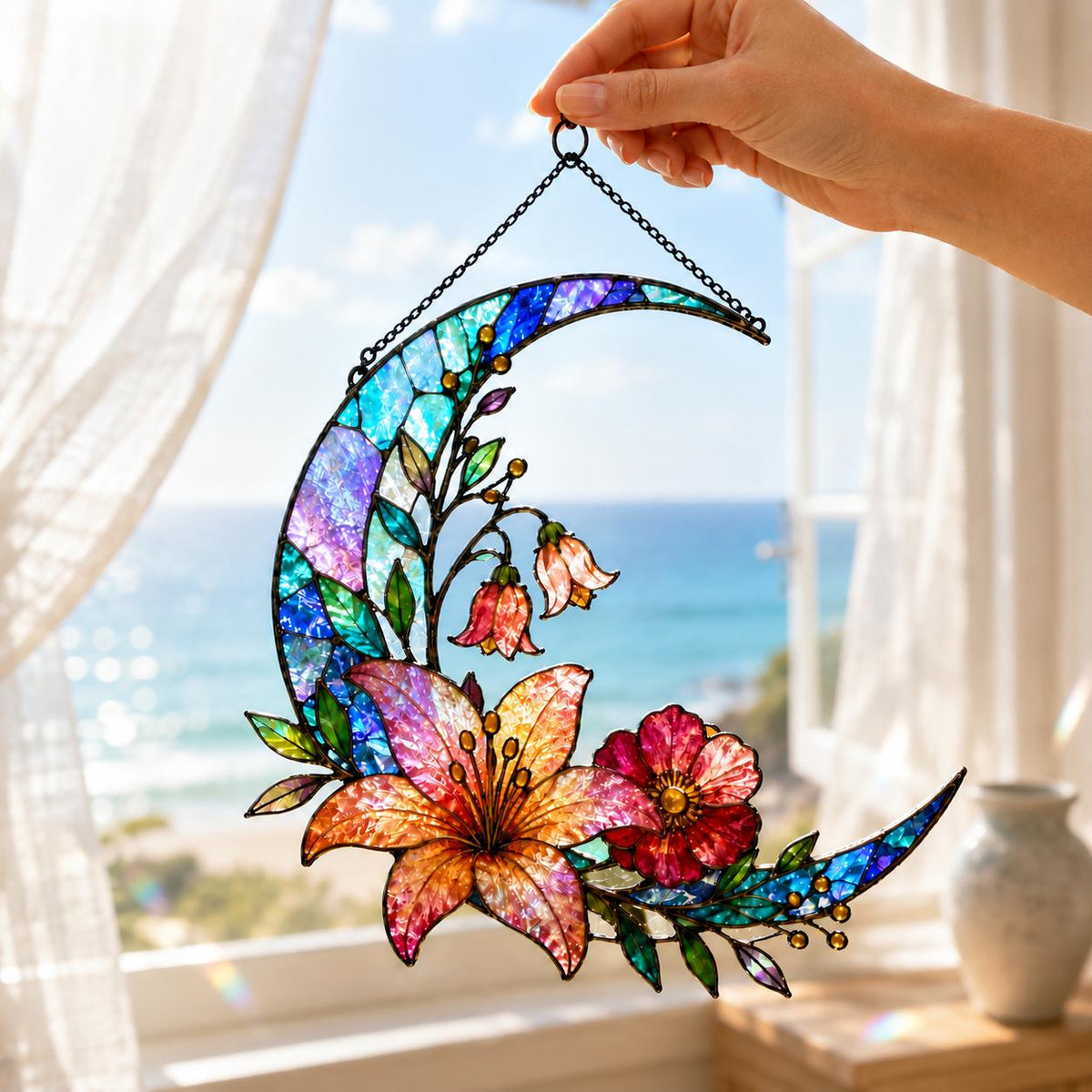 Acrylic Floral Moon Suncatcher - Crescent Moon Window Hanging - image 2