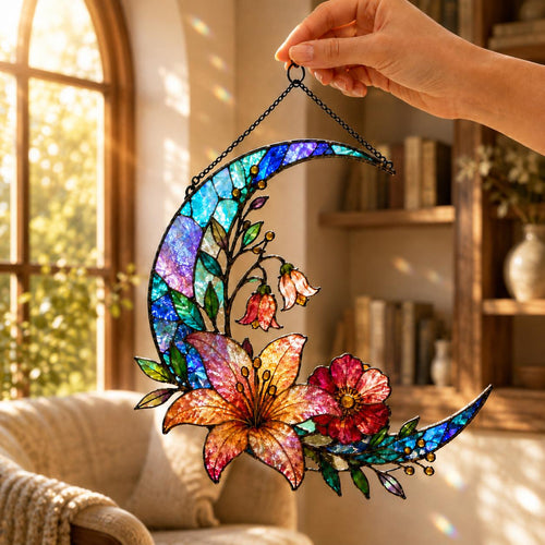 Acrylic Floral Moon Suncatcher - Crescent Moon Window Hanging
