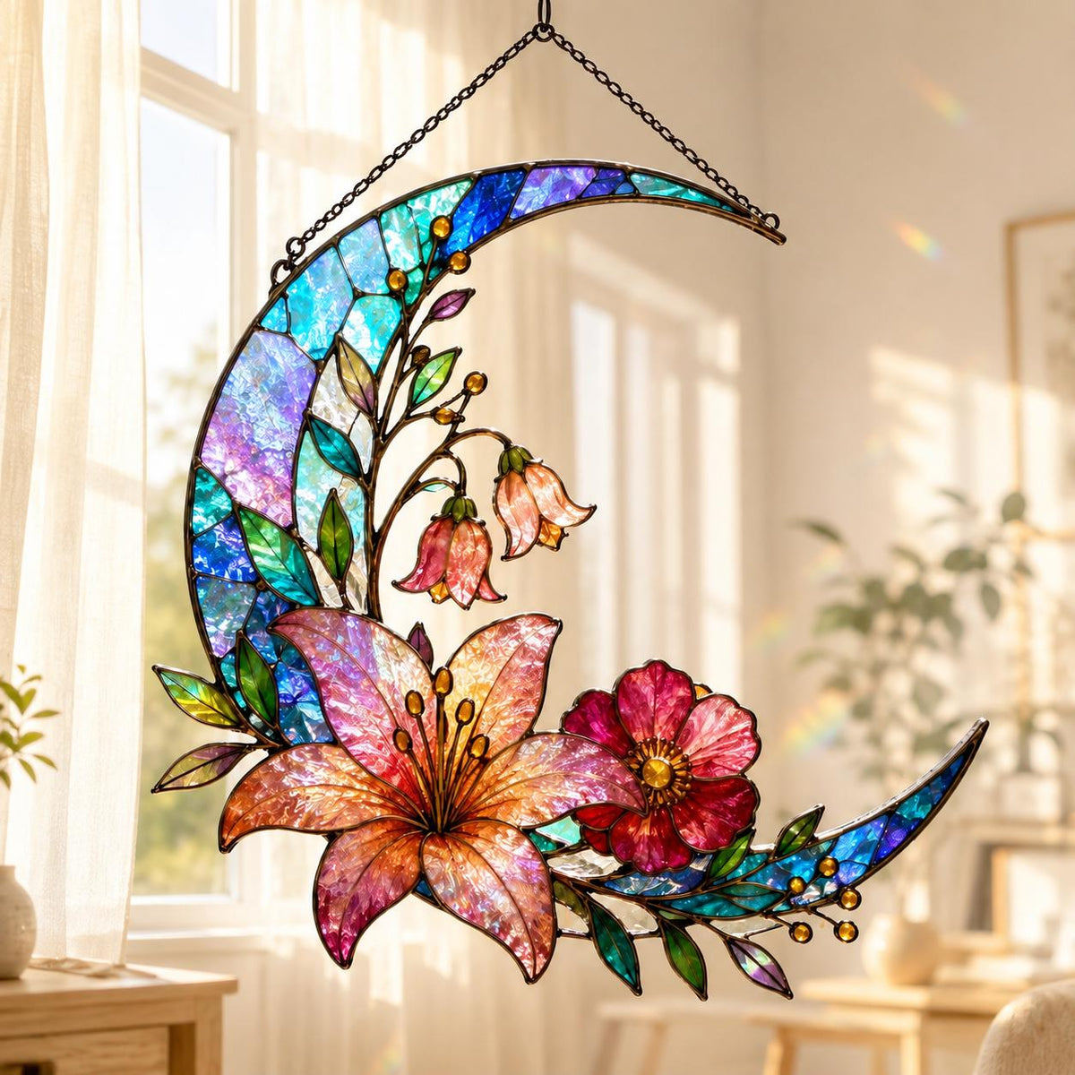 Acrylic Floral Moon Suncatcher - Crescent Moon Window Hanging - image 5