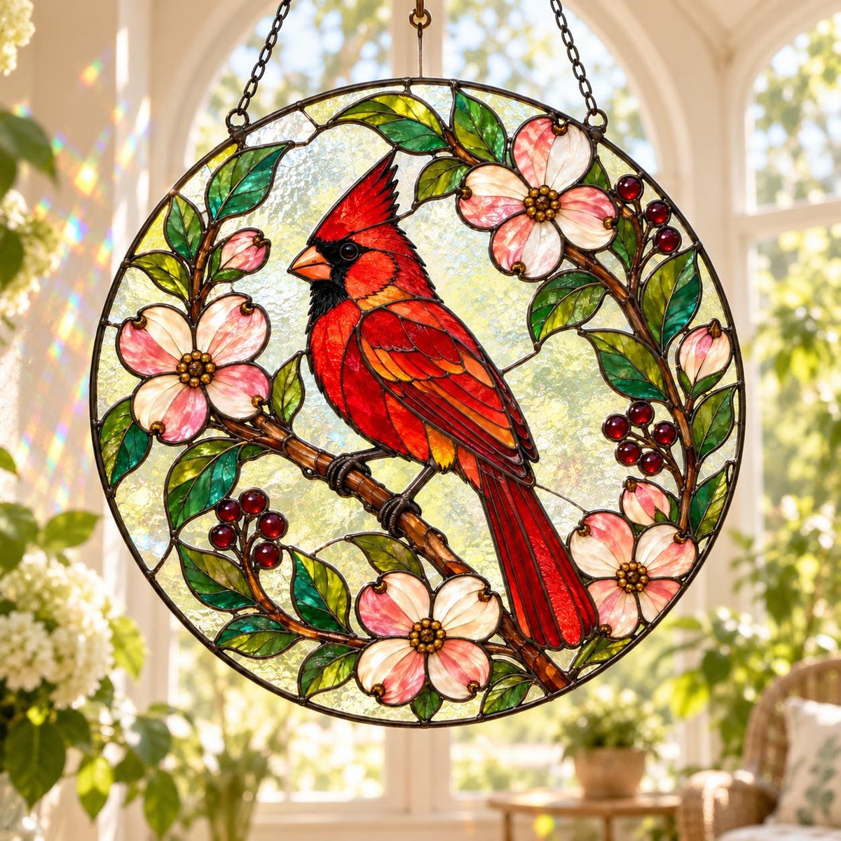 Cardinal Bird Suncatcher - Floral Acrylic Window Hanging