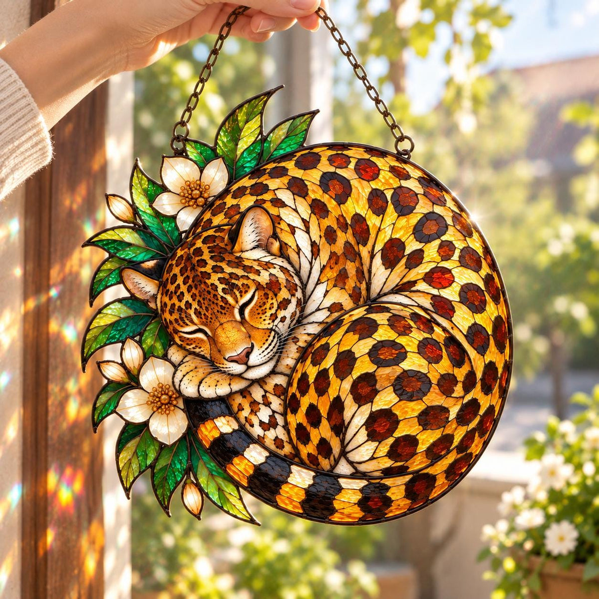 Sleeping Leopard Window Decor - Floral Acrylic Suncatcher - image 5