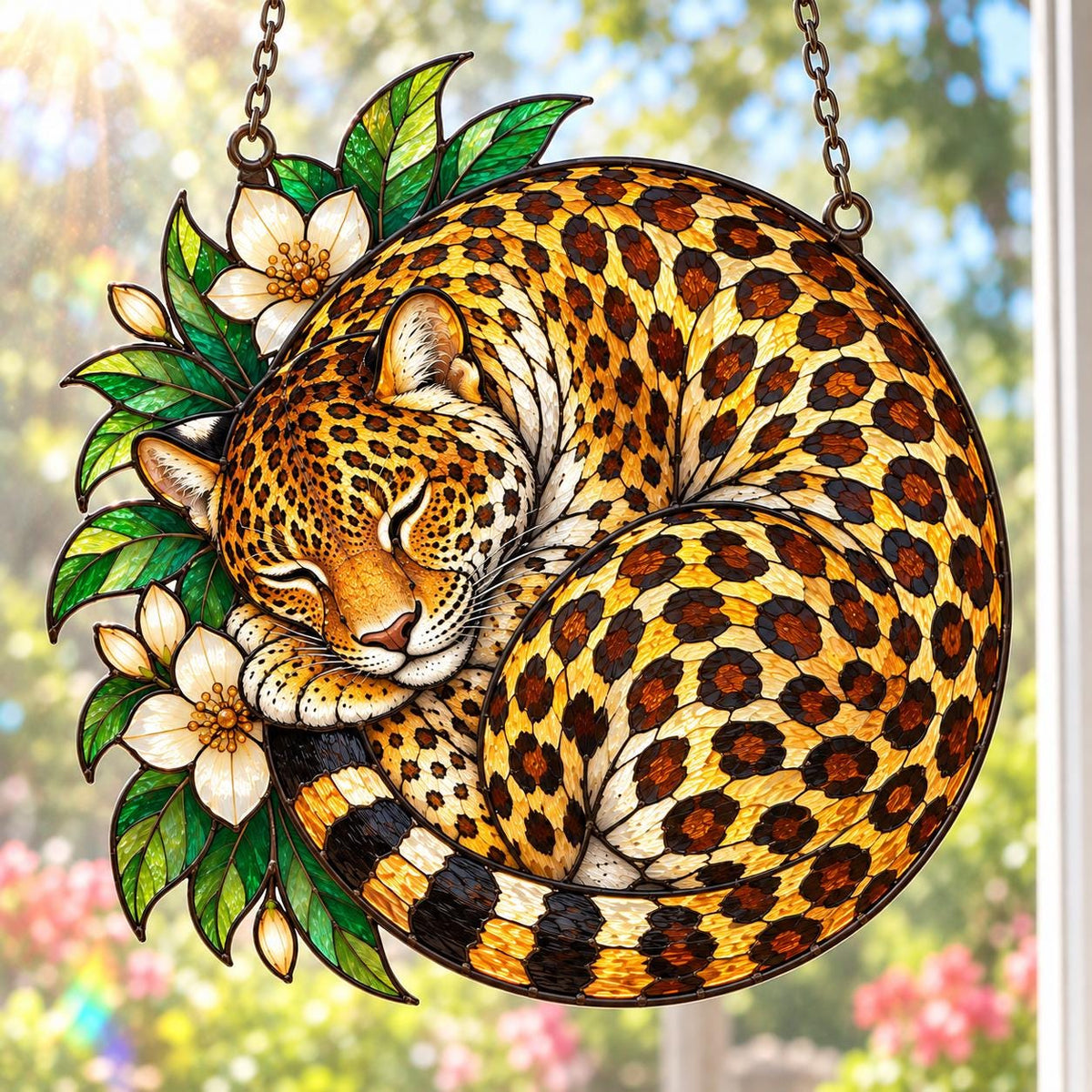 Sleeping Leopard Window Decor - Floral Acrylic Suncatcher - image 3