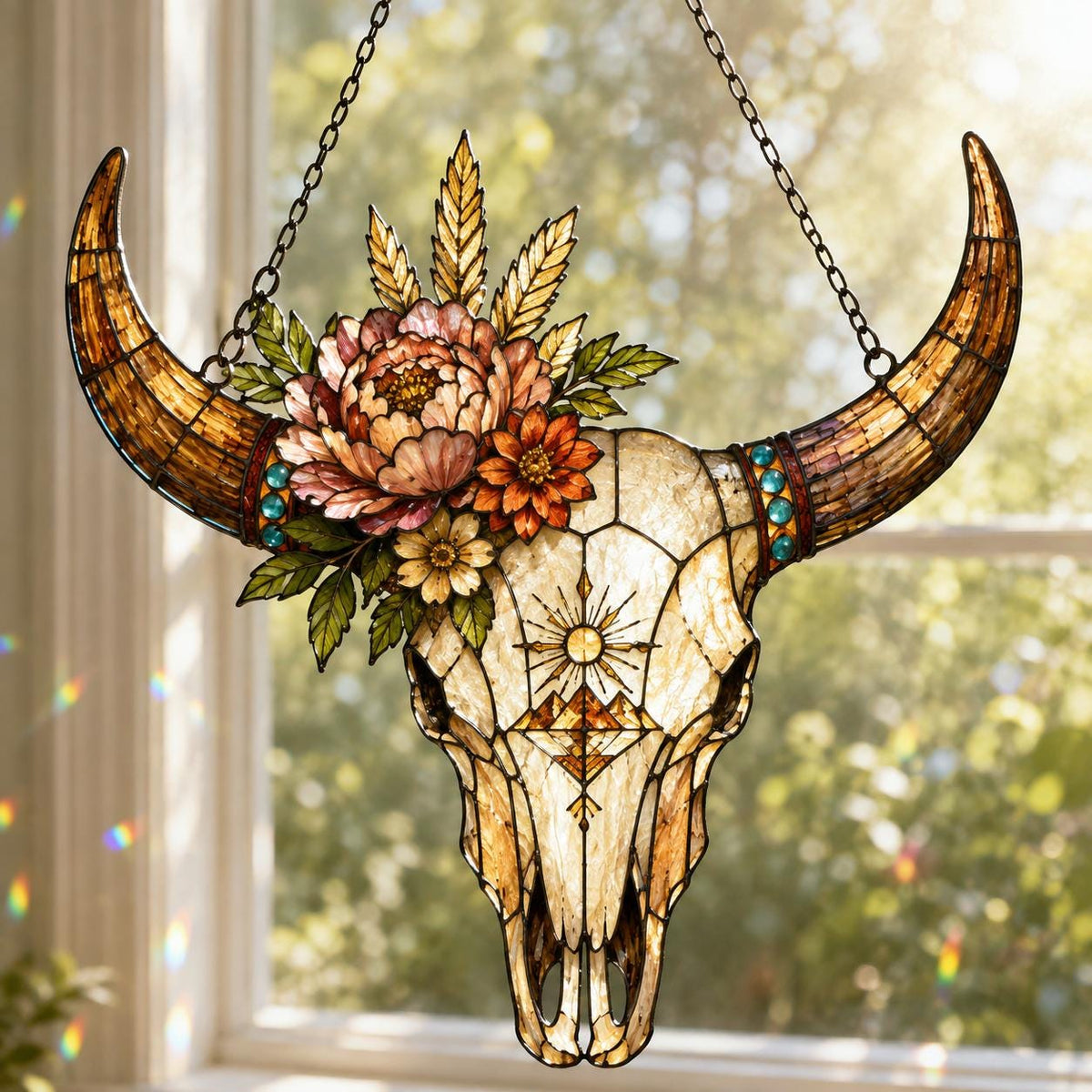 Longhorn Skull Suncatcher - Floral Acrylic Window Hanging