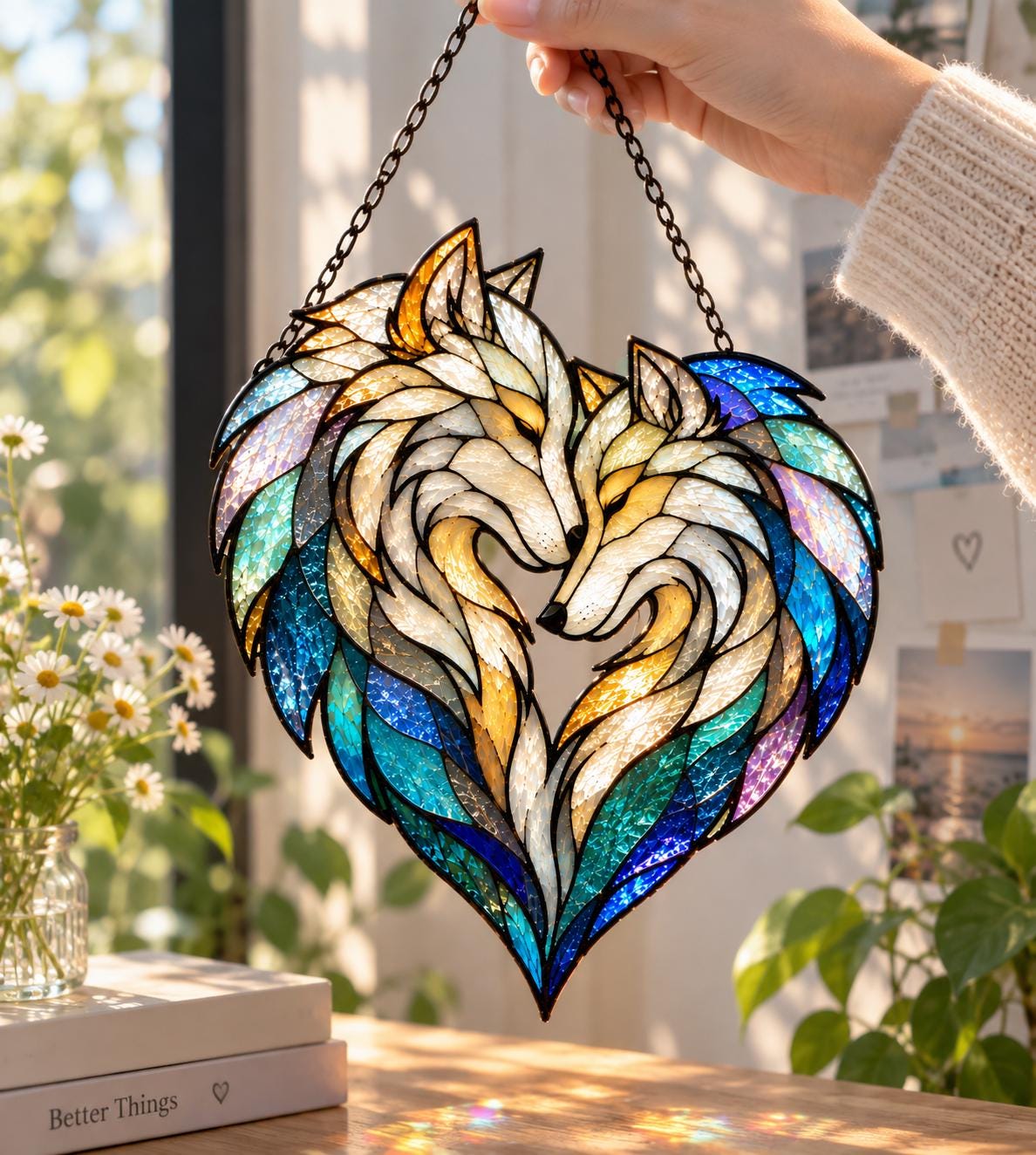 Wolf Couple Suncatcher - Acrylic Heart Window Hanging - image 2