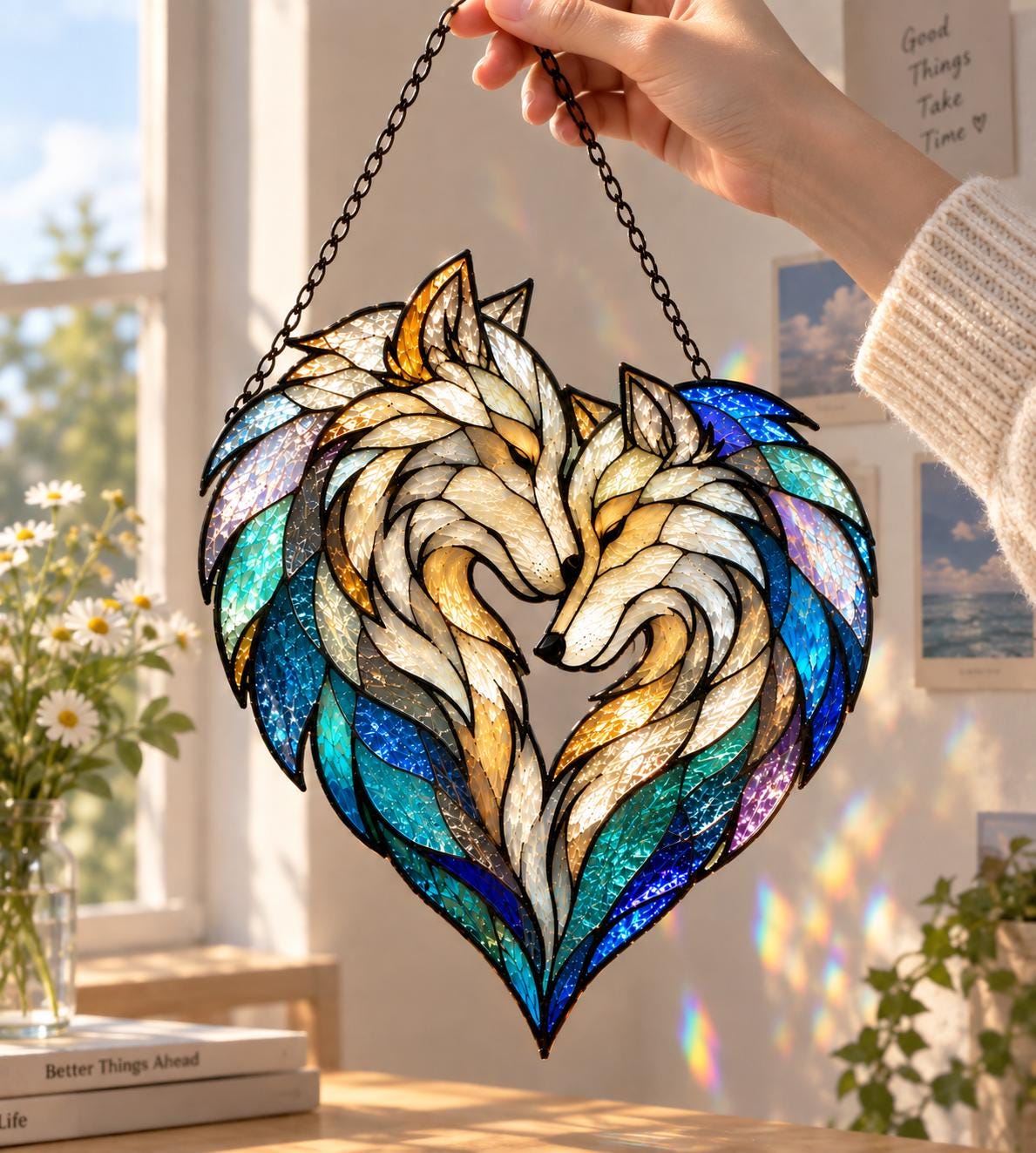 Wolf Couple Suncatcher - Acrylic Heart Window Hanging - image 4