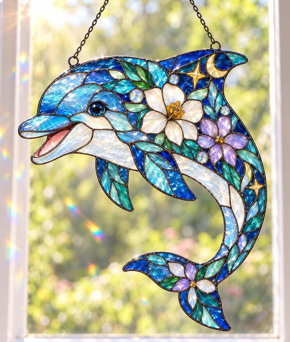Floral Dolphin Suncatcher - Acrylic Dolphin Window Hanging