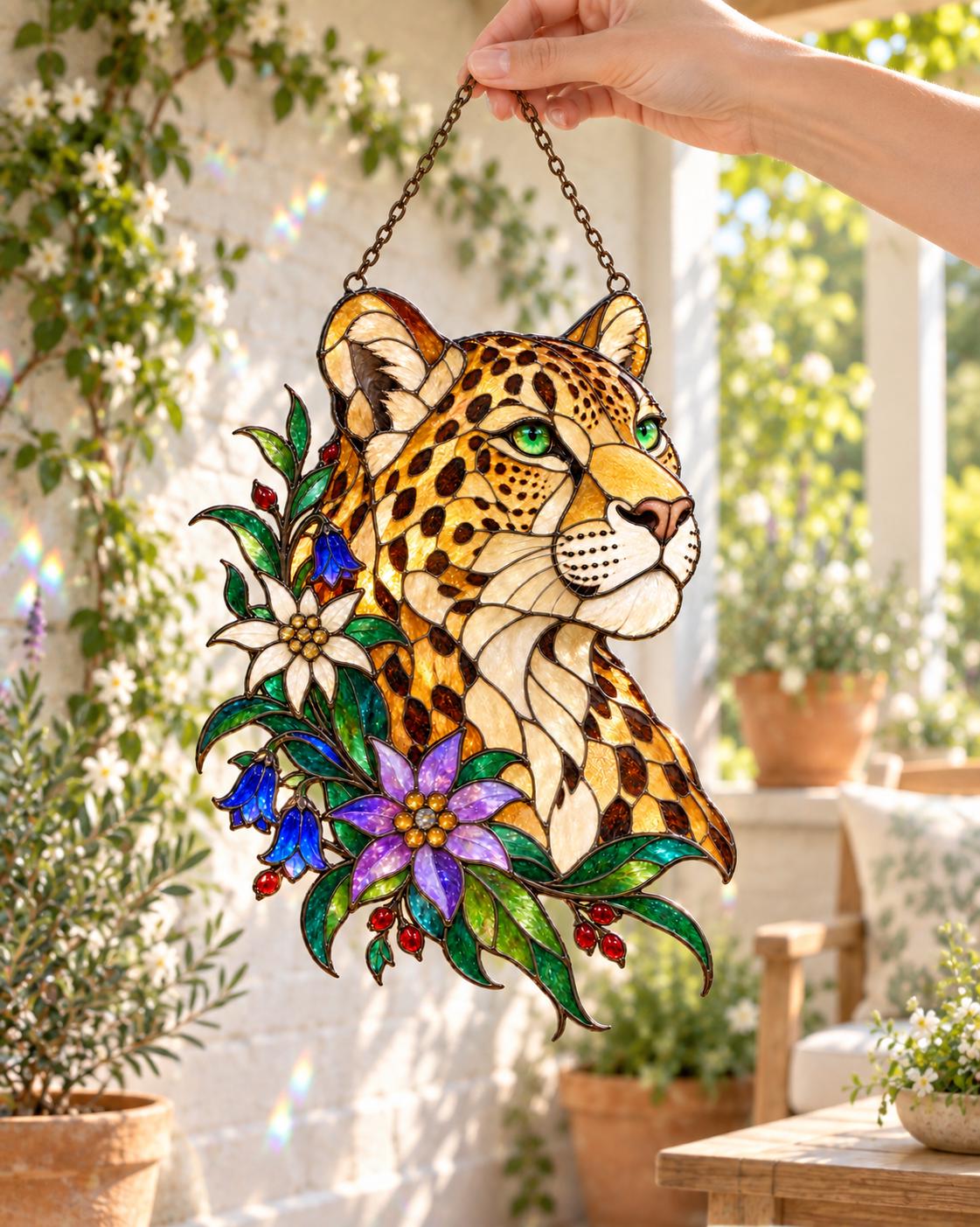 Floral Leopard Suncatcher - Acrylic Wild Cat Window Hanging - image 4