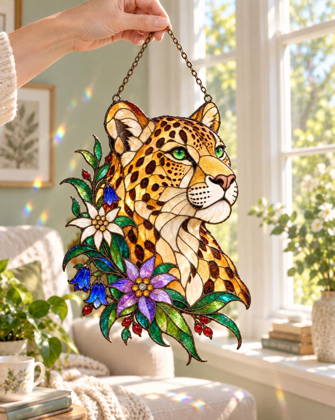 Floral Leopard Suncatcher - Acrylic Wild Cat Window Hanging - image 6
