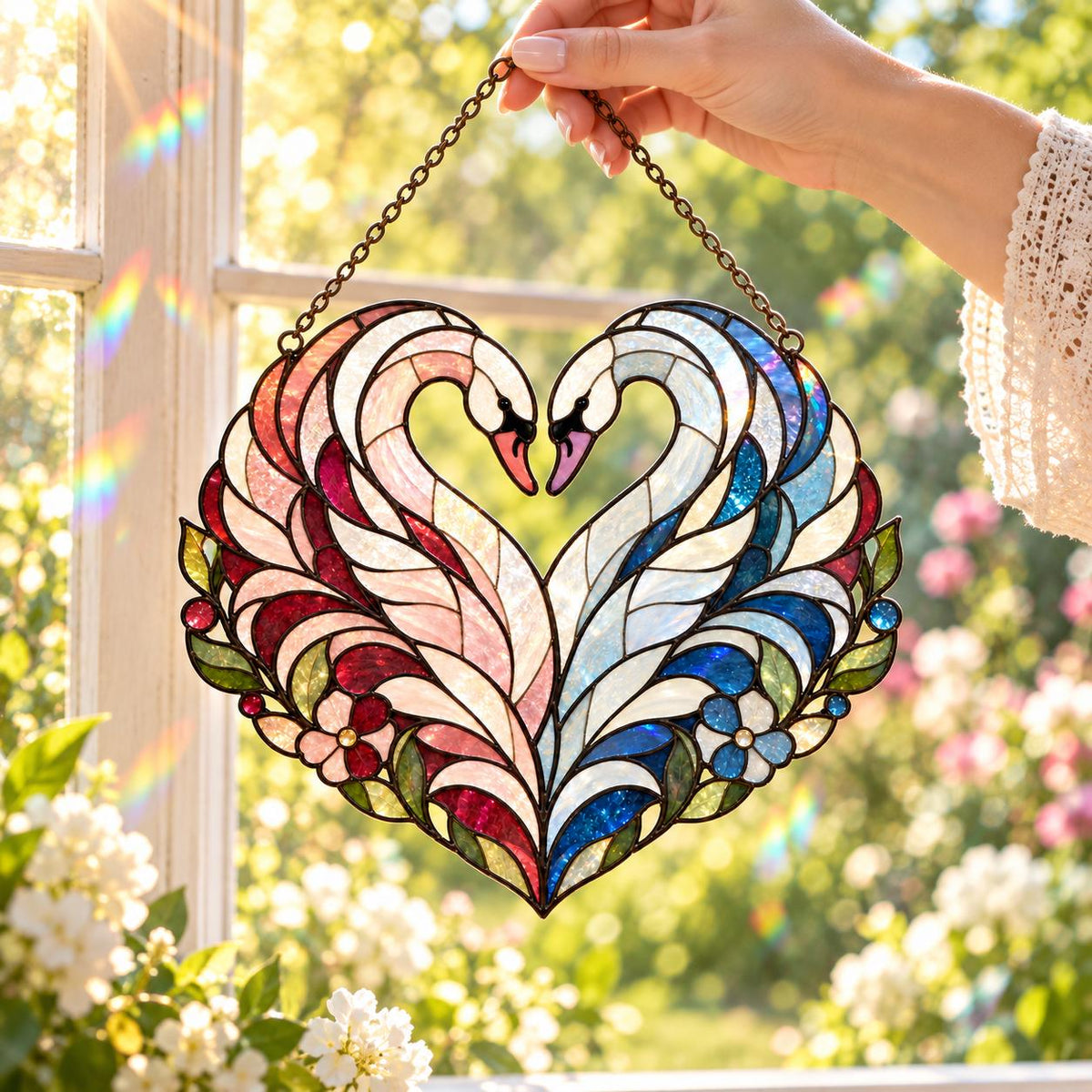Swan Couple Suncatcher - Acrylic Heart Window Hanging - image 2