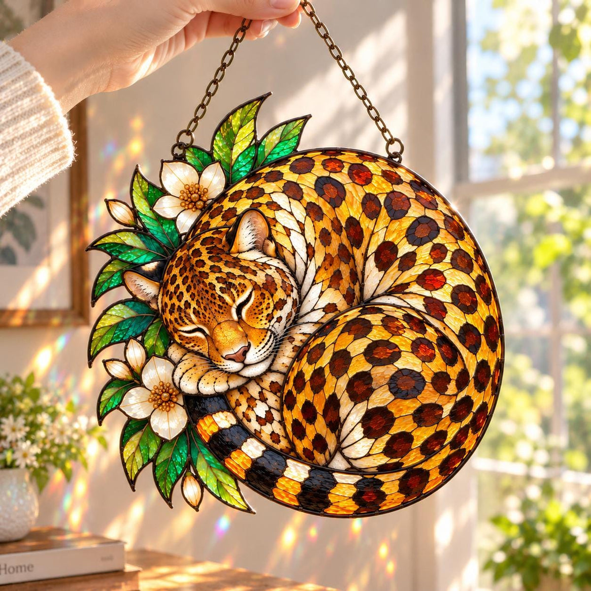 Sleeping Leopard Window Decor - Floral Acrylic Suncatcher - image 2