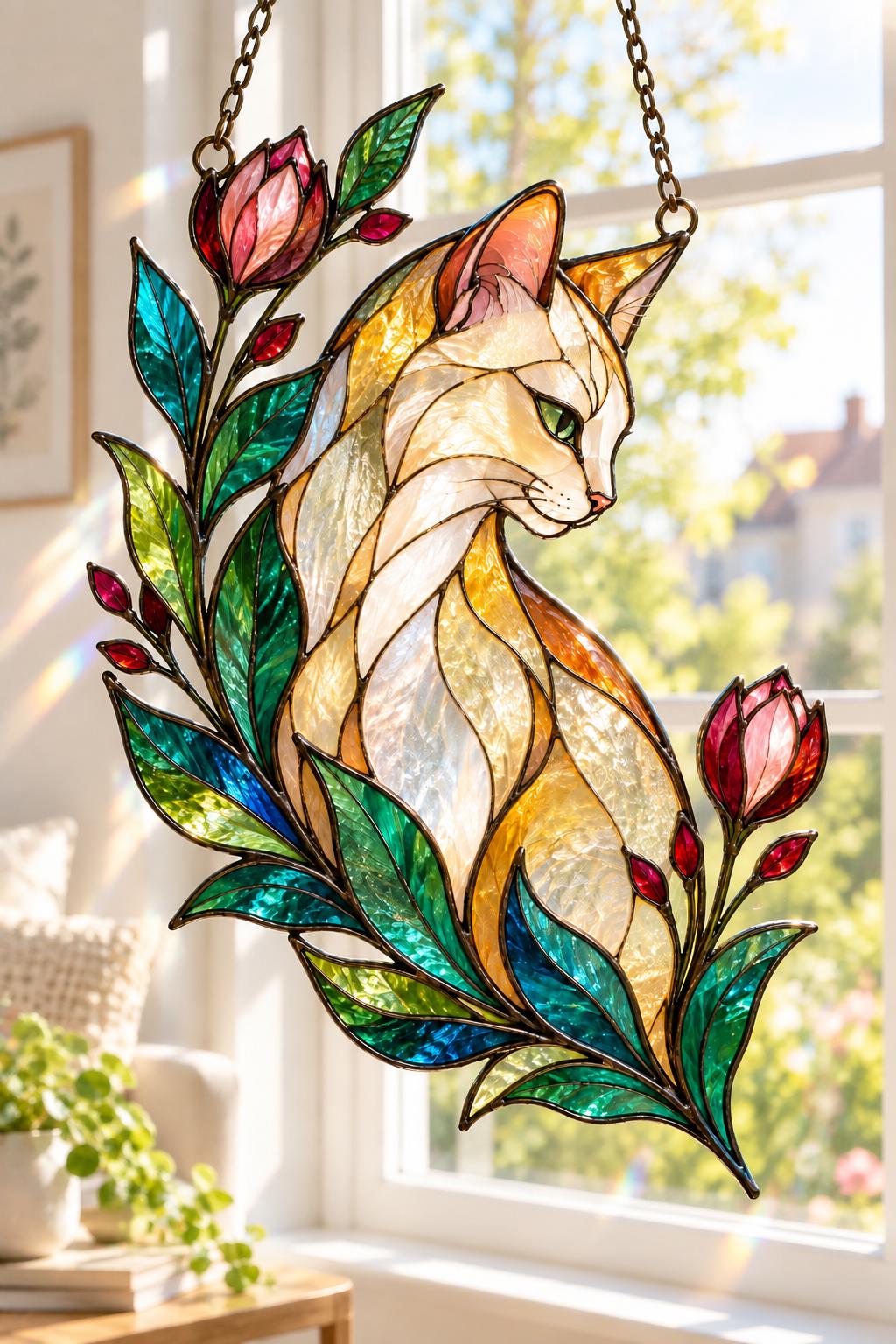 Floral Cat Suncatcher - Acrylic Cat Window Hanging