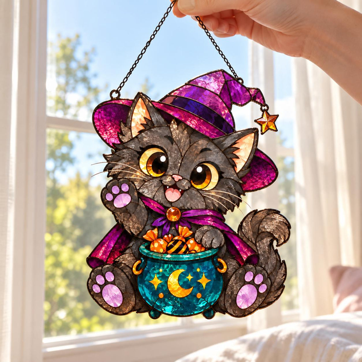 Witch Cat Suncatcher - Acrylic Halloween Window Hanging - image 5