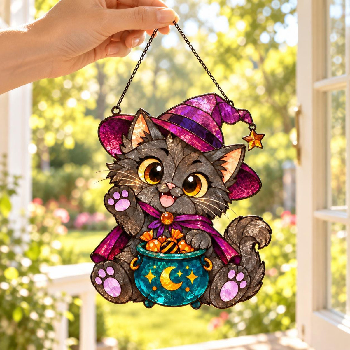 Witch Cat Suncatcher - Acrylic Halloween Window Hanging - image 3