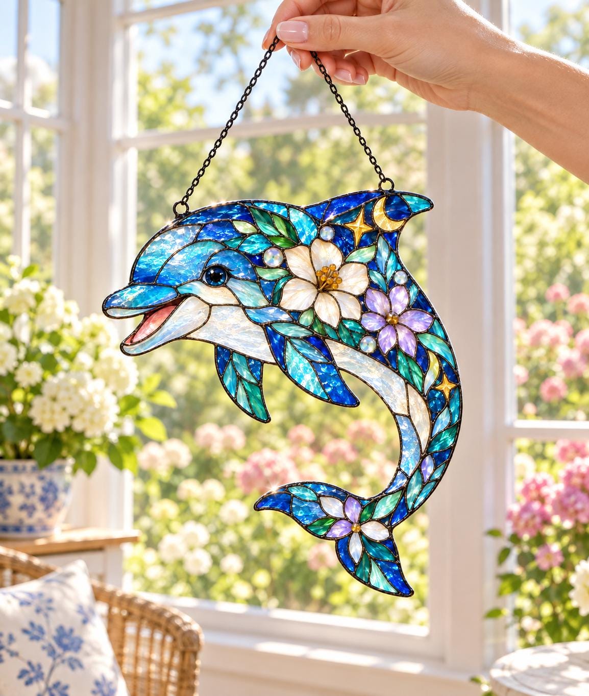 Floral Dolphin Suncatcher - Acrylic Dolphin Window Hanging - image 2