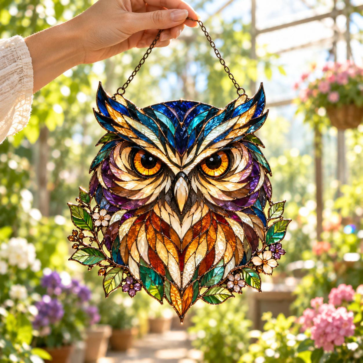 Woodland Owl Window Hanging - Acrylic Stained Glass Style Bird Decor - image 4