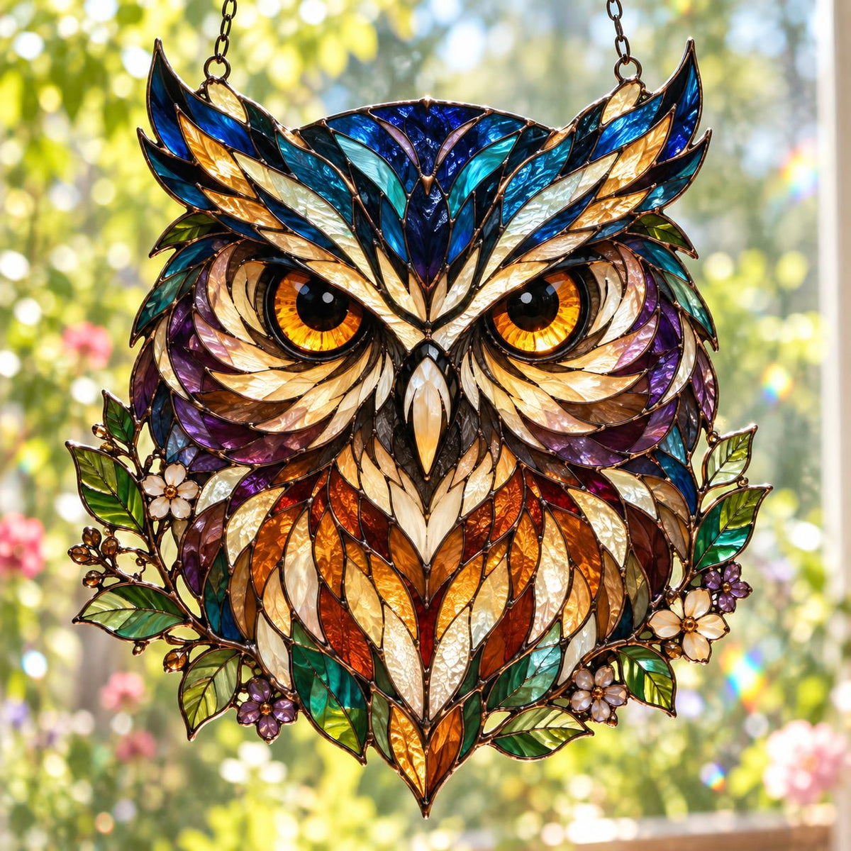 Woodland Owl Window Hanging - Acrylic Stained Glass Style Bird Decor