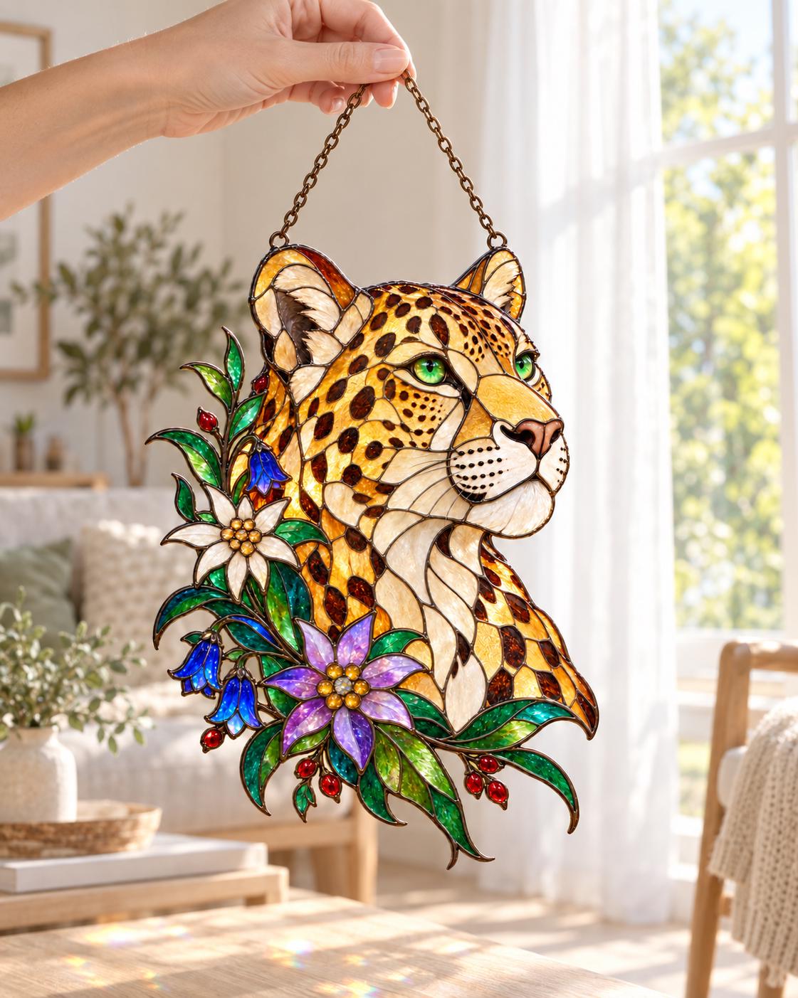 Floral Leopard Suncatcher - Acrylic Wild Cat Window Hanging - image 2