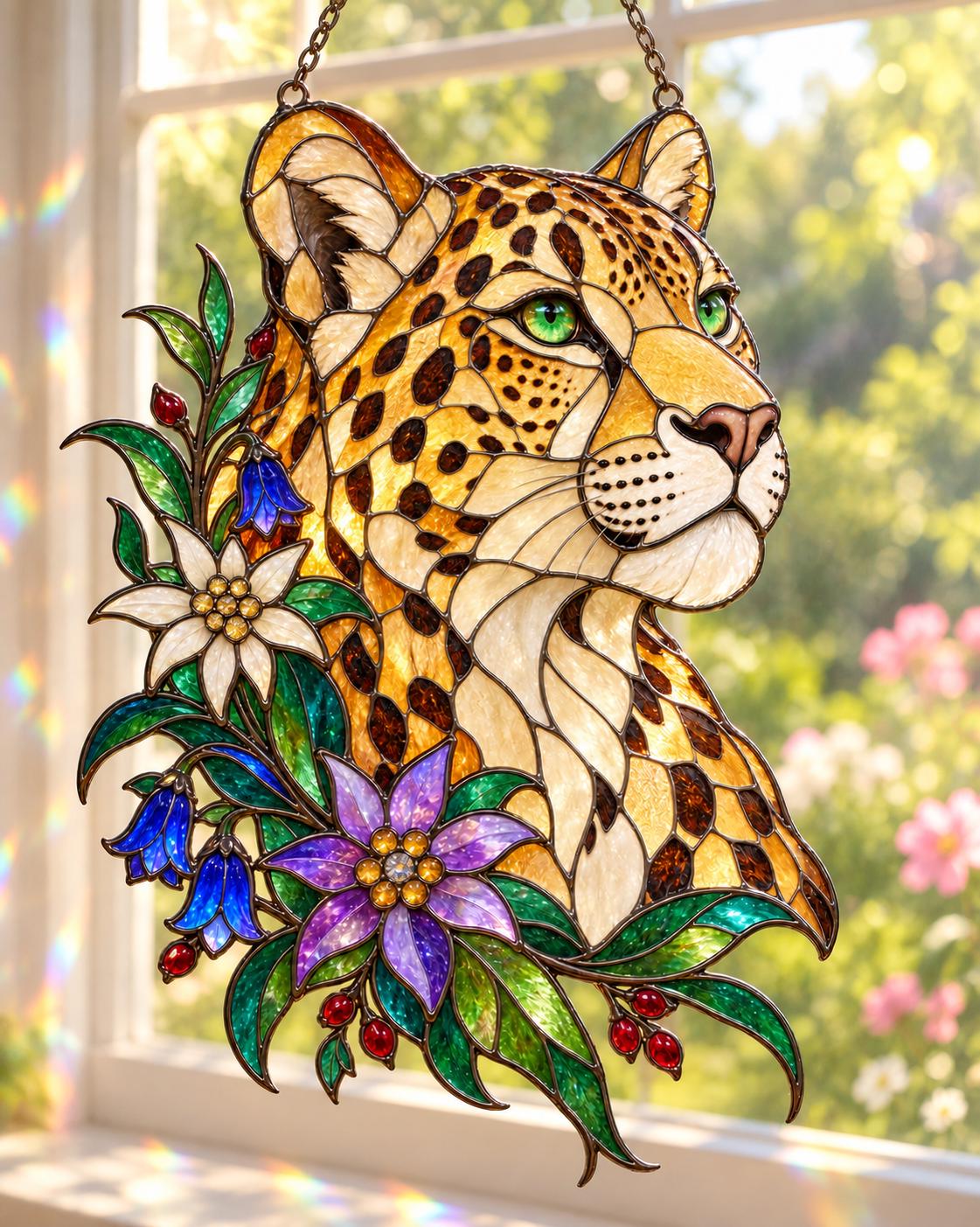 Floral Leopard Suncatcher - Acrylic Wild Cat Window Hanging