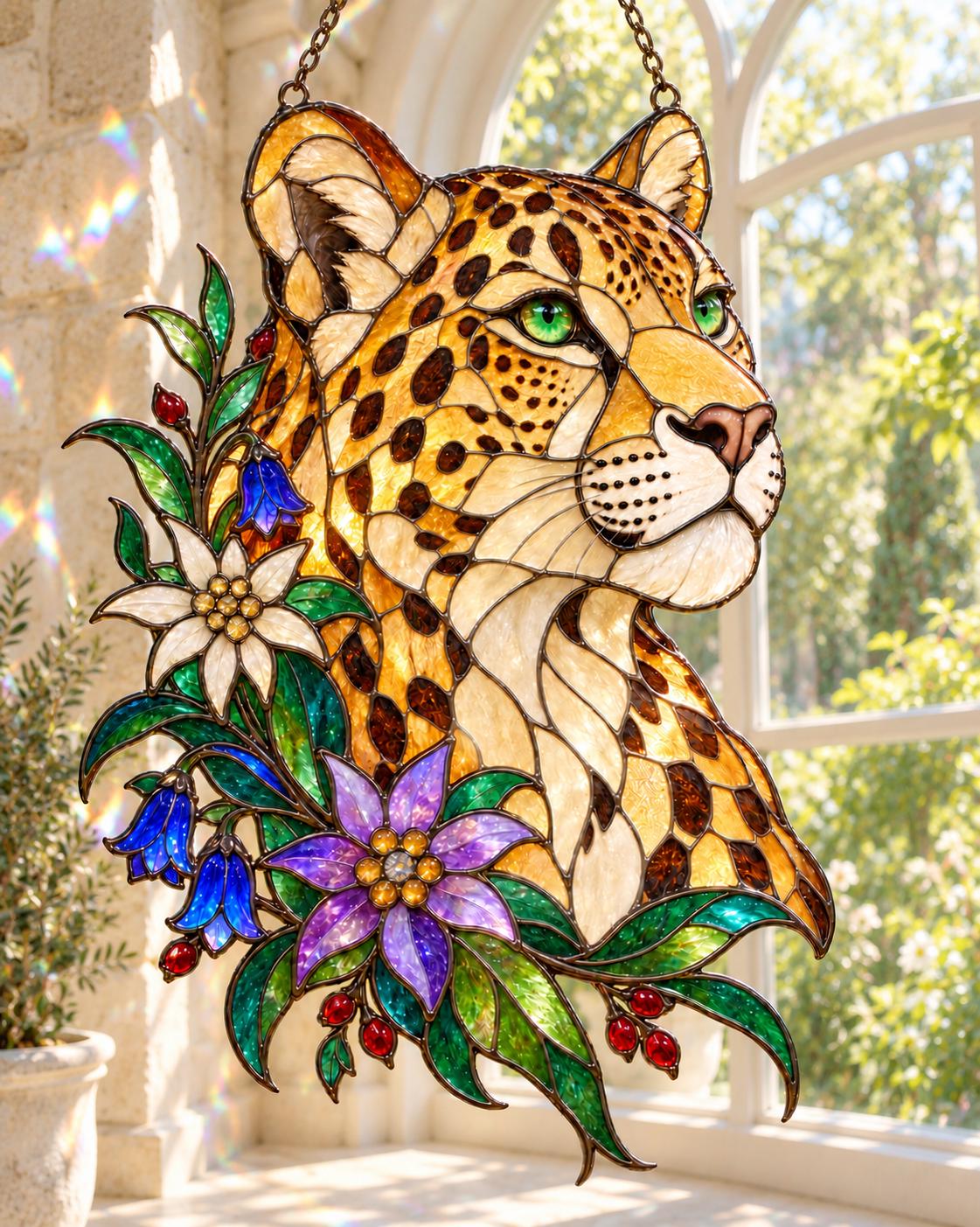 Floral Leopard Suncatcher - Acrylic Wild Cat Window Hanging - image 5