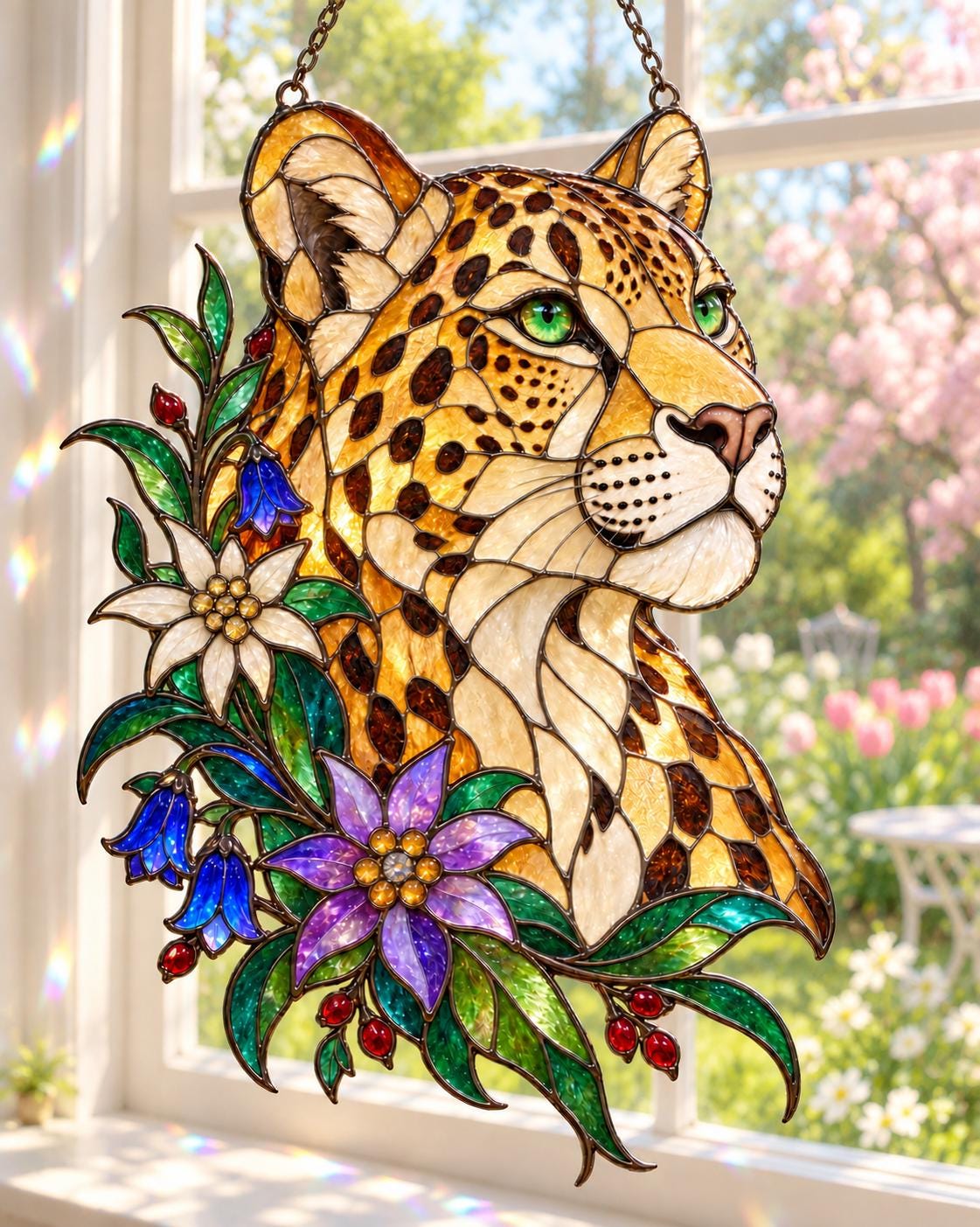 Floral Leopard Suncatcher - Acrylic Wild Cat Window Hanging - image 3