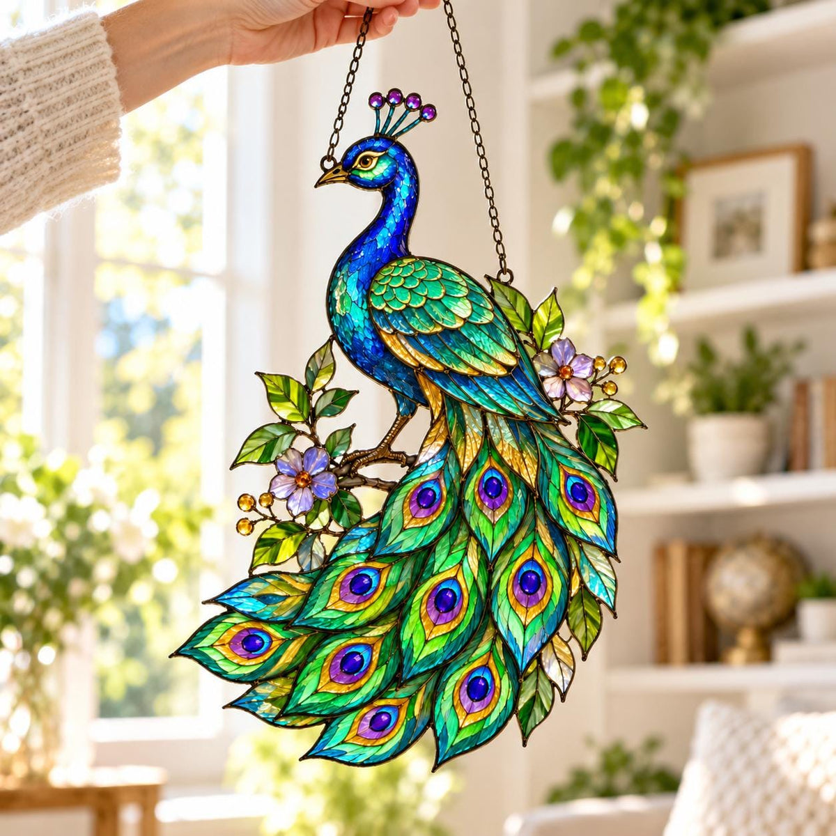 Peacock Acrylic Suncatcher - Tiffany Style Bird Window Hanging - image 2