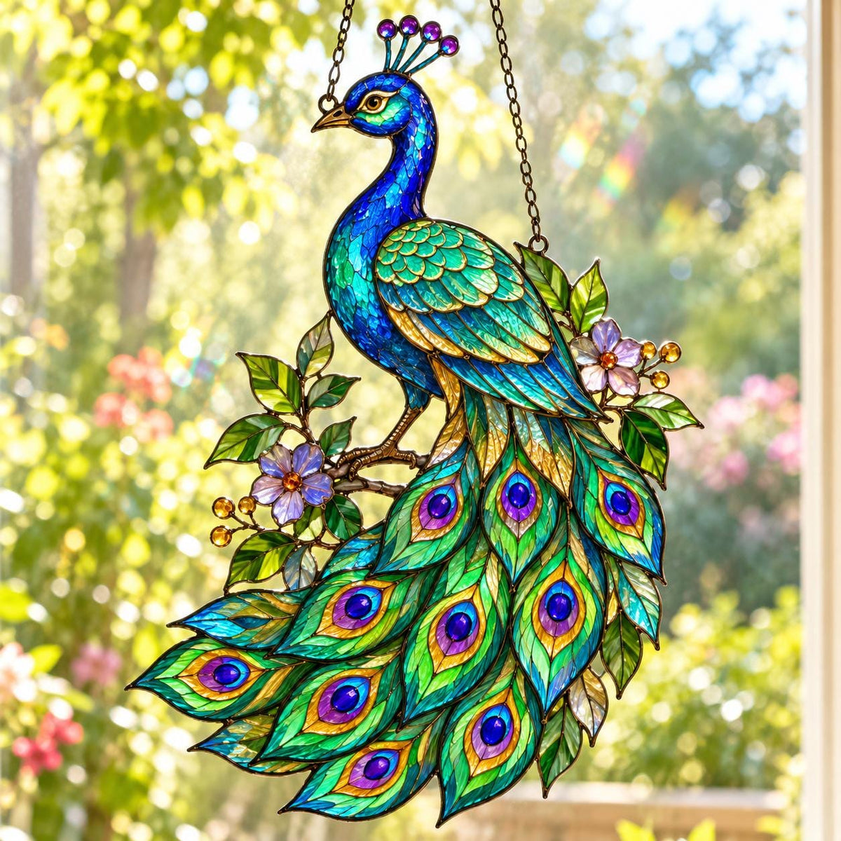 Peacock Acrylic Suncatcher - Tiffany Style Bird Window Hanging