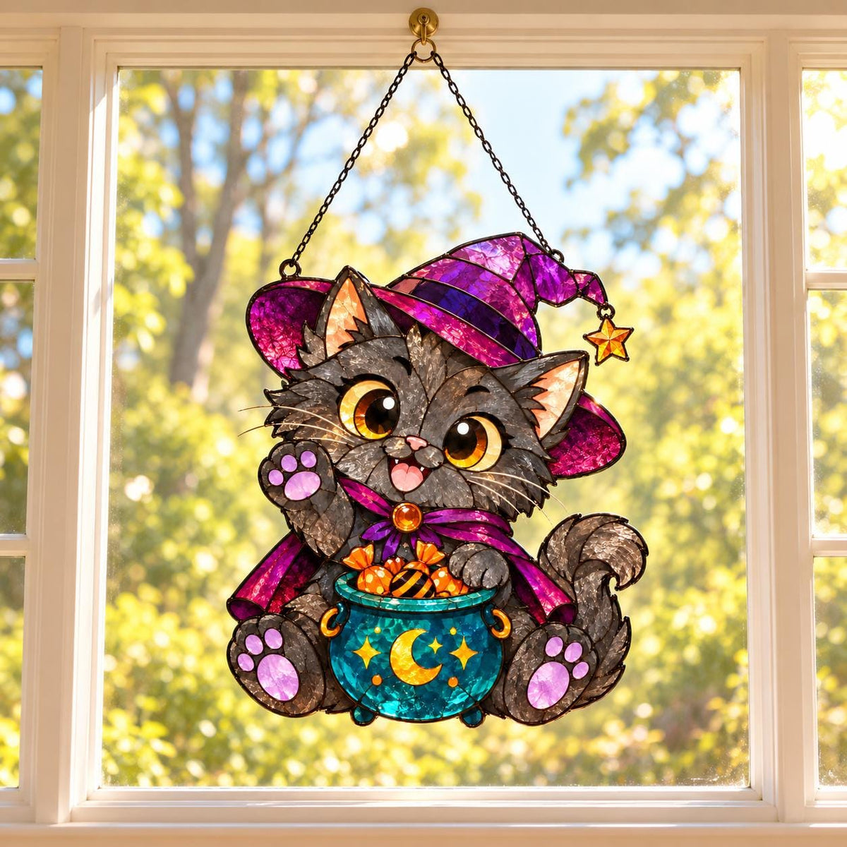 Witch Cat Suncatcher - Acrylic Halloween Window Hanging - image 2