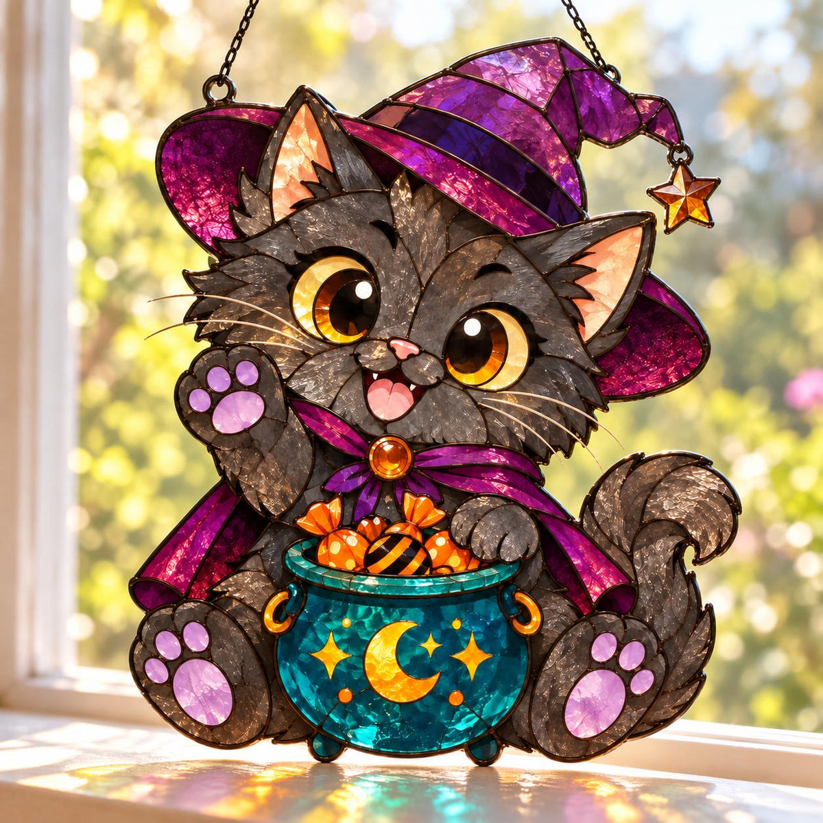 Witch Cat Suncatcher - Acrylic Halloween Window Hanging