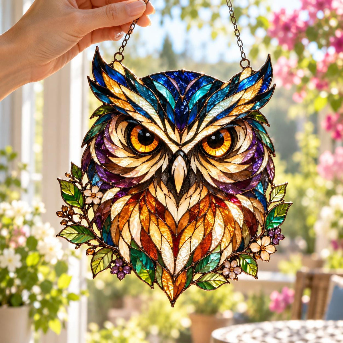 Woodland Owl Window Hanging - Acrylic Stained Glass Style Bird Decor - image 2